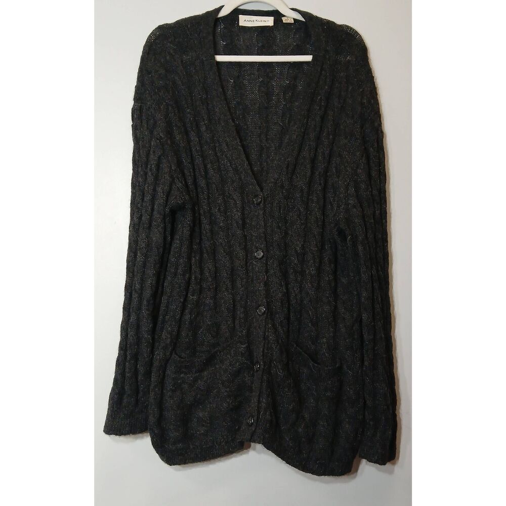 Vintage anne klein womens large 100% alpaca sweater cable knit cardigan gray